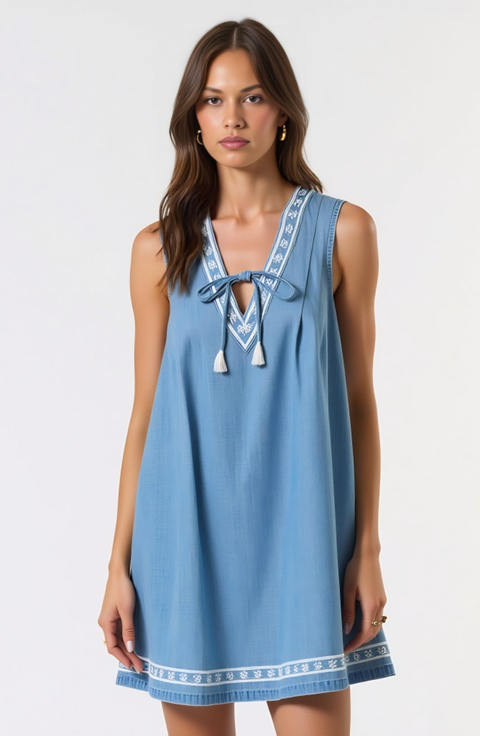 Sleeveless Mini Dress with Embroidered Trim and Tie Front Detail