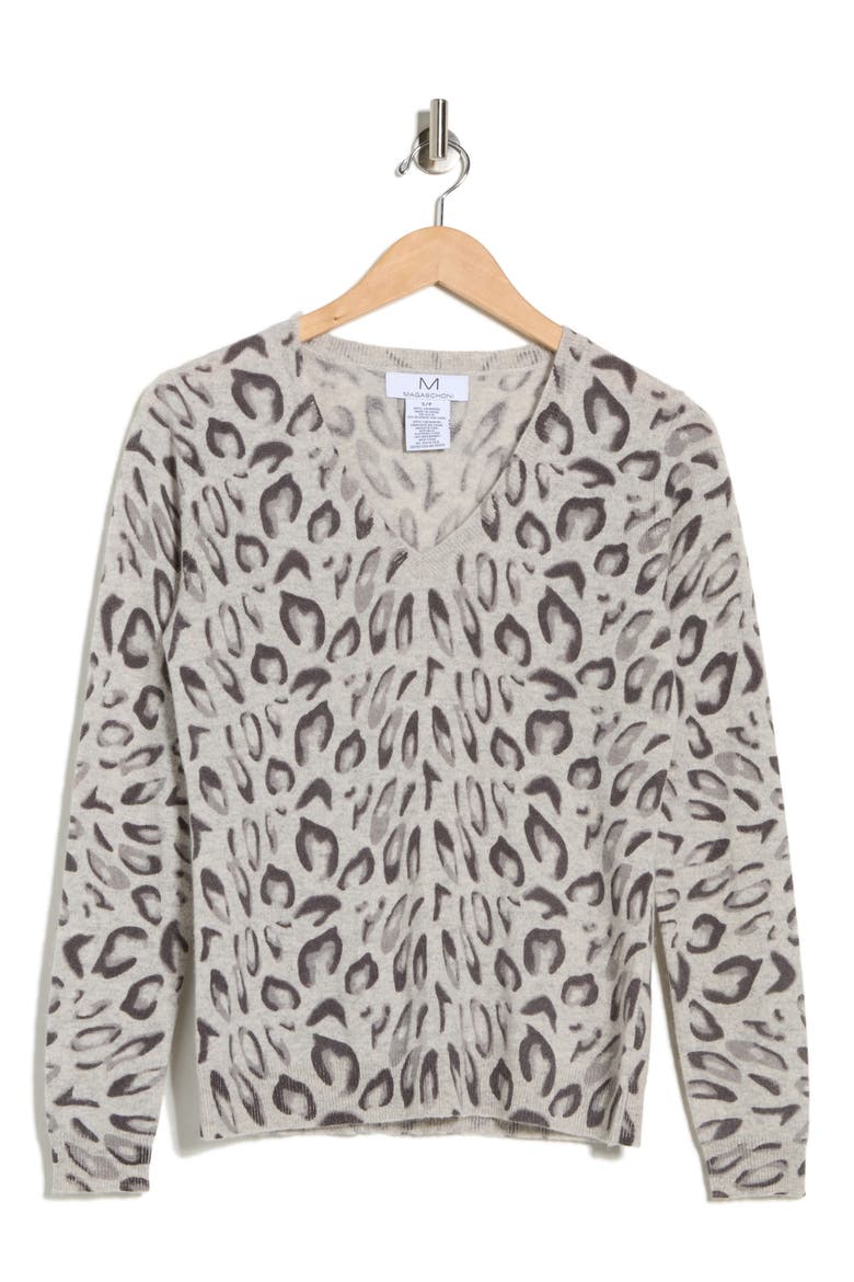 Leopard V-Neck Cashmere Sweater, Alternate, color, GREY LEOPARD