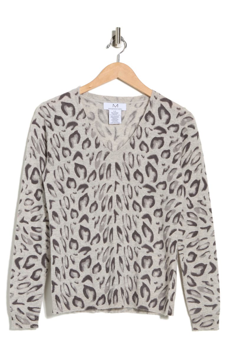 Magaschoni Leopard V-Neck Cashmere Sweater, Alternate, color, Grey Leopard