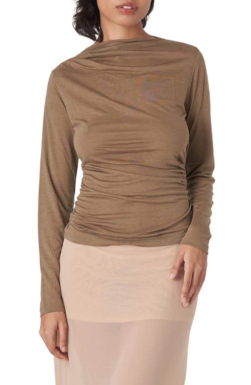 Find Me Now Ruched Boat Neck Top In Brown