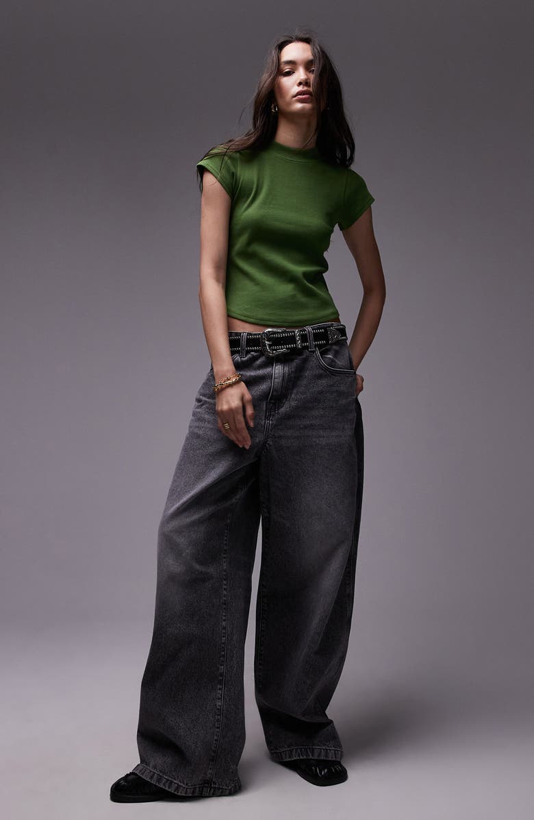 Topshop Curved Hem Fitted Stretch Cotton T-Shirt, Alternate, color, Medium Green