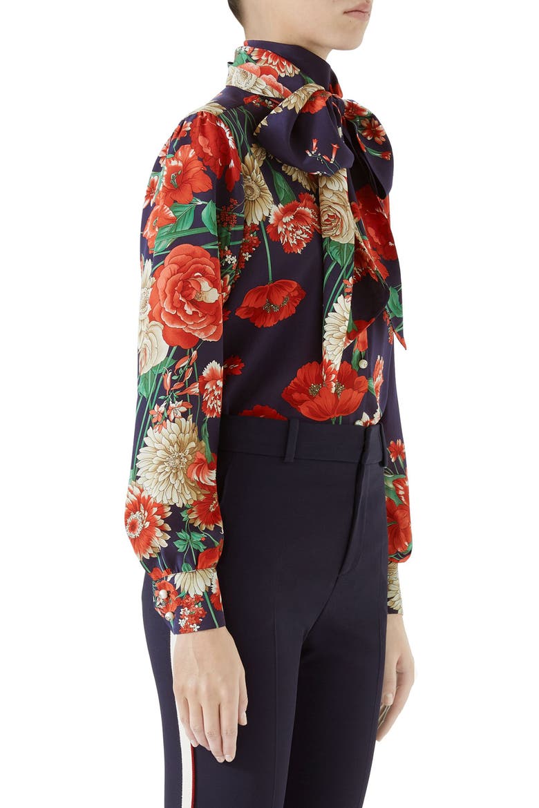 Spring Bouquet Print Tie Neck Silk Blouse, Alternate, color, BLUE/ RED PRINT