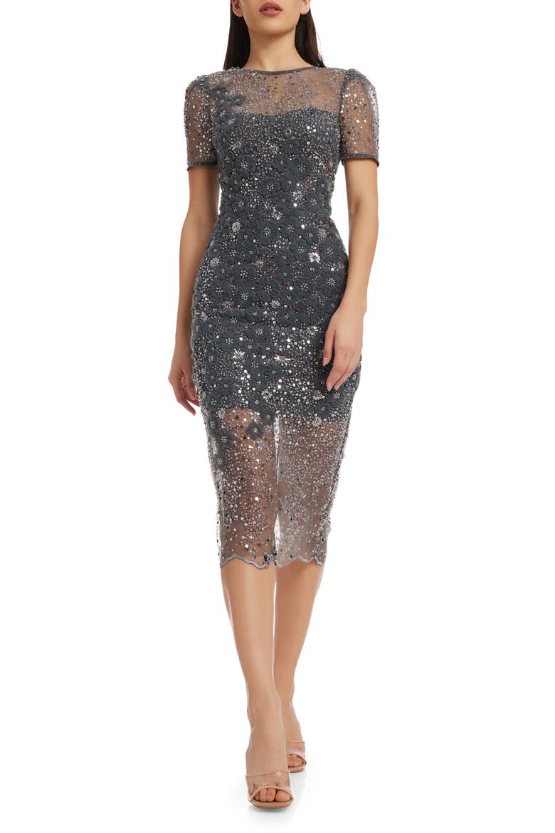 Lia Sequin Illusion Mesh Overlay Midi Cocktail Dress, Main, color, STEEL