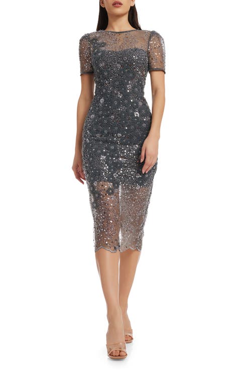 Lia Sequin Illusion Mesh Overlay Midi Cocktail Dress