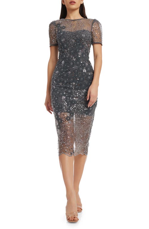 Dress the Population Lia Sequin Illusion Mesh Overlay Midi Cocktail Dress in Steel at Nordstrom, Size Small
