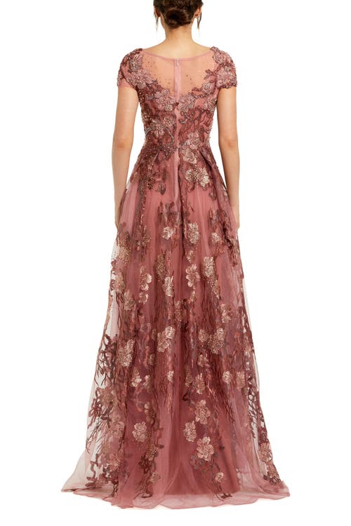 Mac Duggal Floral Embroidered Cap Sleeve Evening Gown In Brown