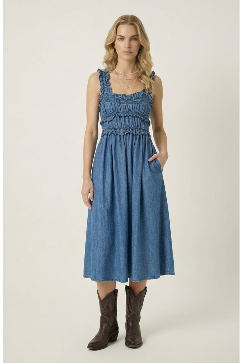 Smocked Bodice Midi Dress with Ruffled Straps, Main, color, Medium Wash Blue