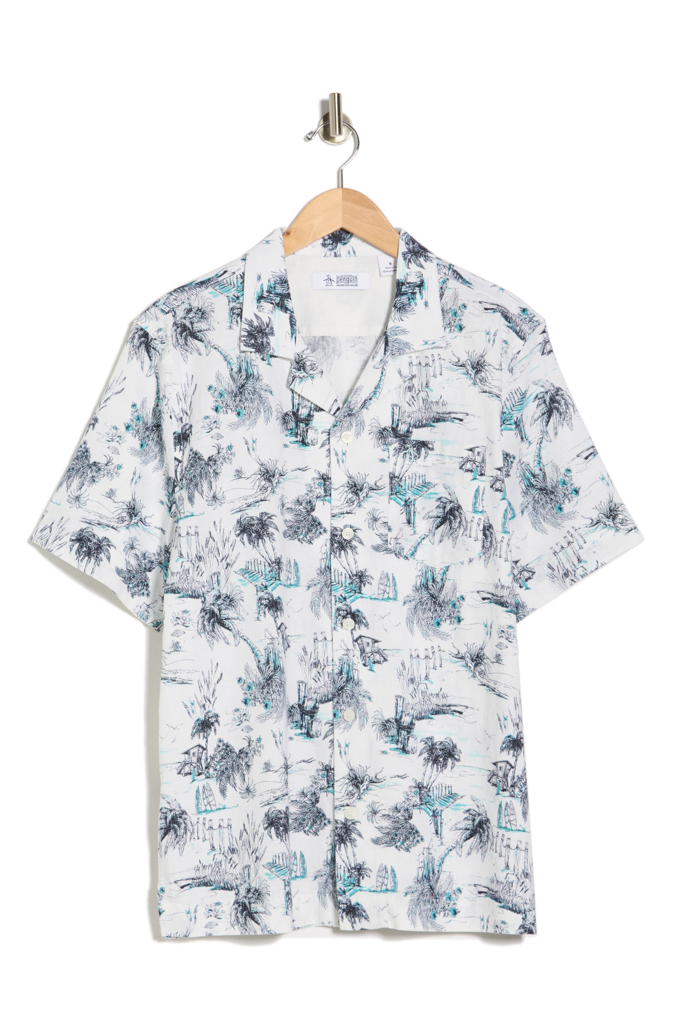 Original Penguin Beach Print Linen & Cotton Blend Camp Shirt