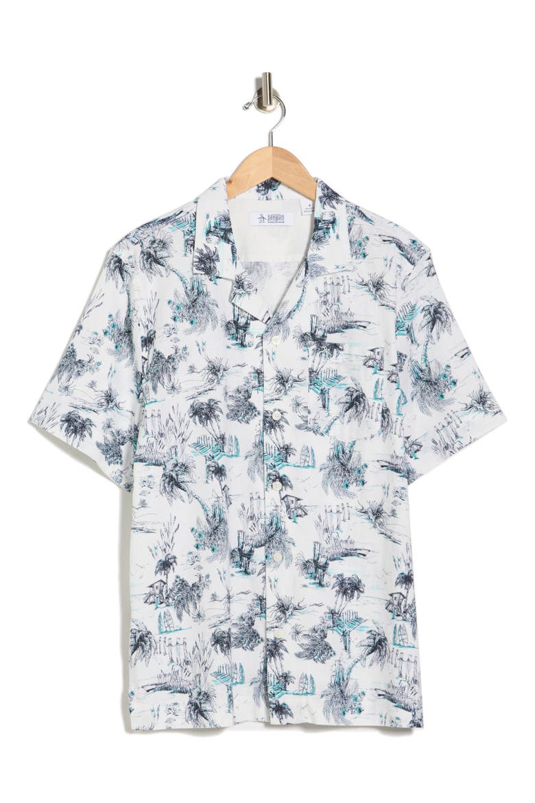 Beach Print Linen & Cotton Blend Camp Shirt, Alternate, color, BRIGHT WHITE