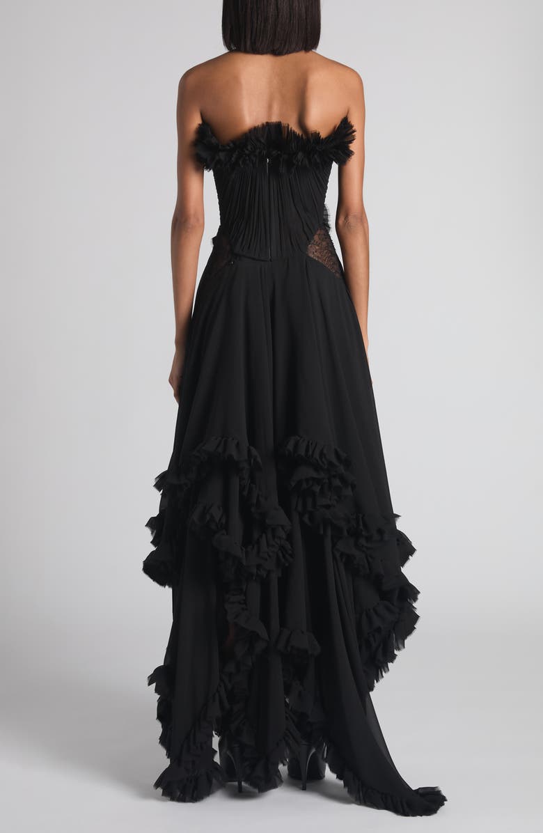 McQueen Tiered Ruffle Strapless Silk Georgette Gown, Alternate, color, Black