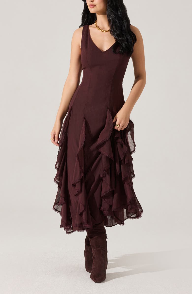 ASTR the Label Philomene Ruffle Detail Midi Dress, Alternate, color, Eggplant