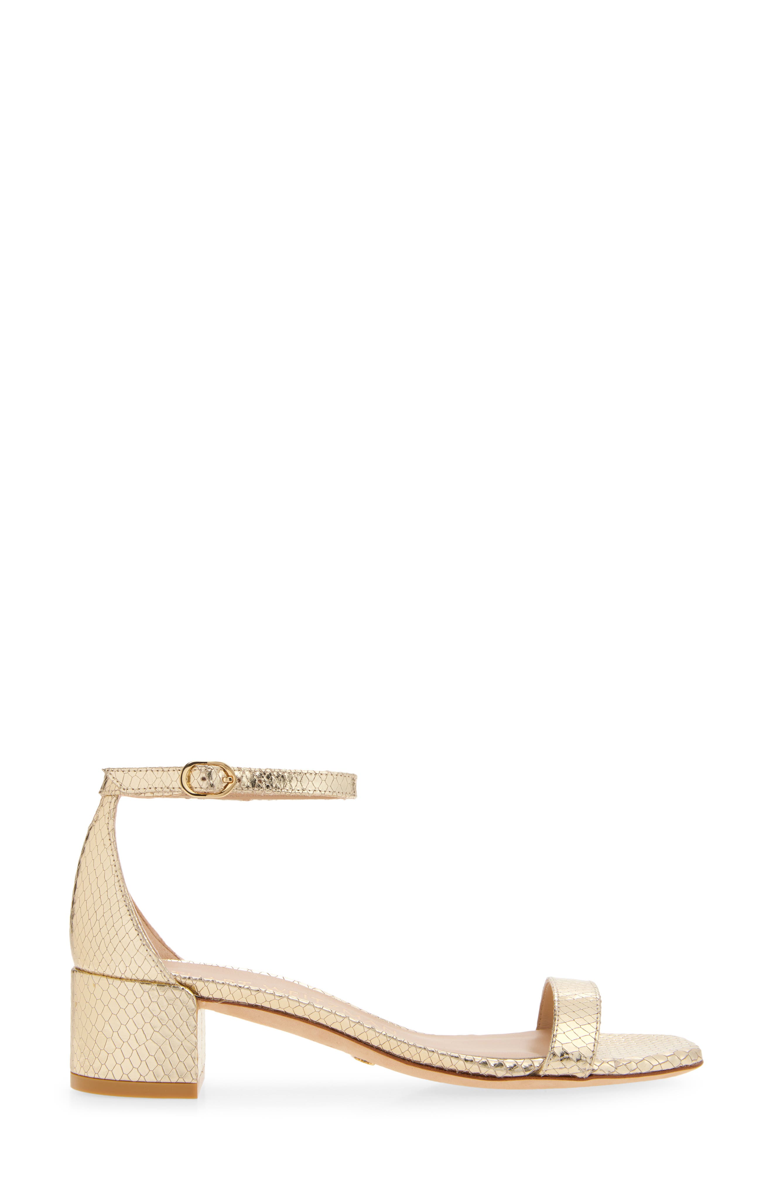 Stuart Weitzman Nudistcurve 35 Snakeskin Embossed Block Heel Sandal, Alternate, color, Platino