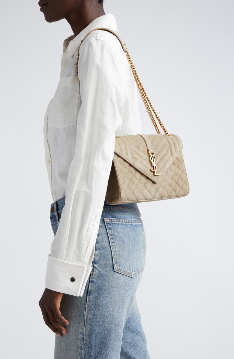 Saint Laurent Medium Envelope Suede Crossbody Bag, Alternate, color, Matt Gold
