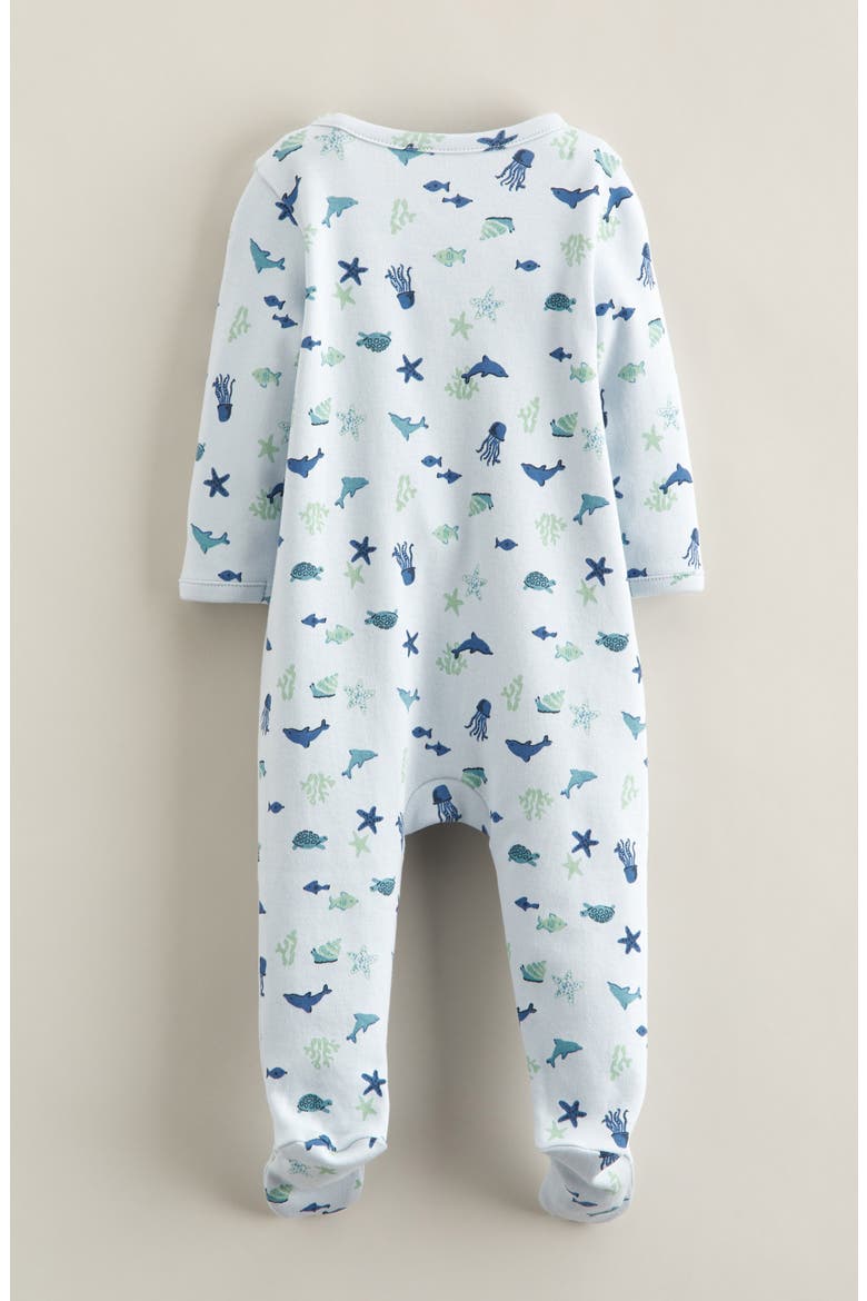 Print Zip Cotton Footie, Alternate, color, BLUE ILLUSION MARINE ANIMALS