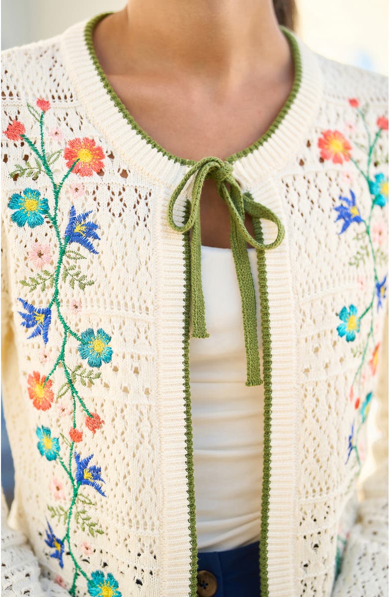 Yumi Crochet Knitted Tie Front Cardigan, Alternate, color, Ivory