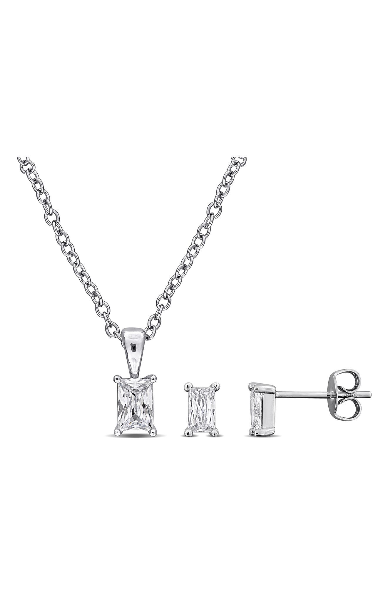 DELMAR Rectangular Cubic Zirconia Earrings & Necklace Set