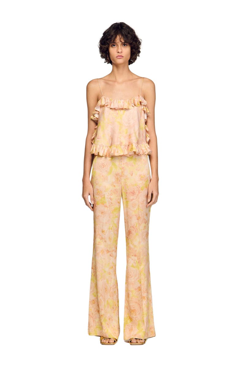 SANDRO Floral-print floaty trousers, Alternate, color, Pink / Green