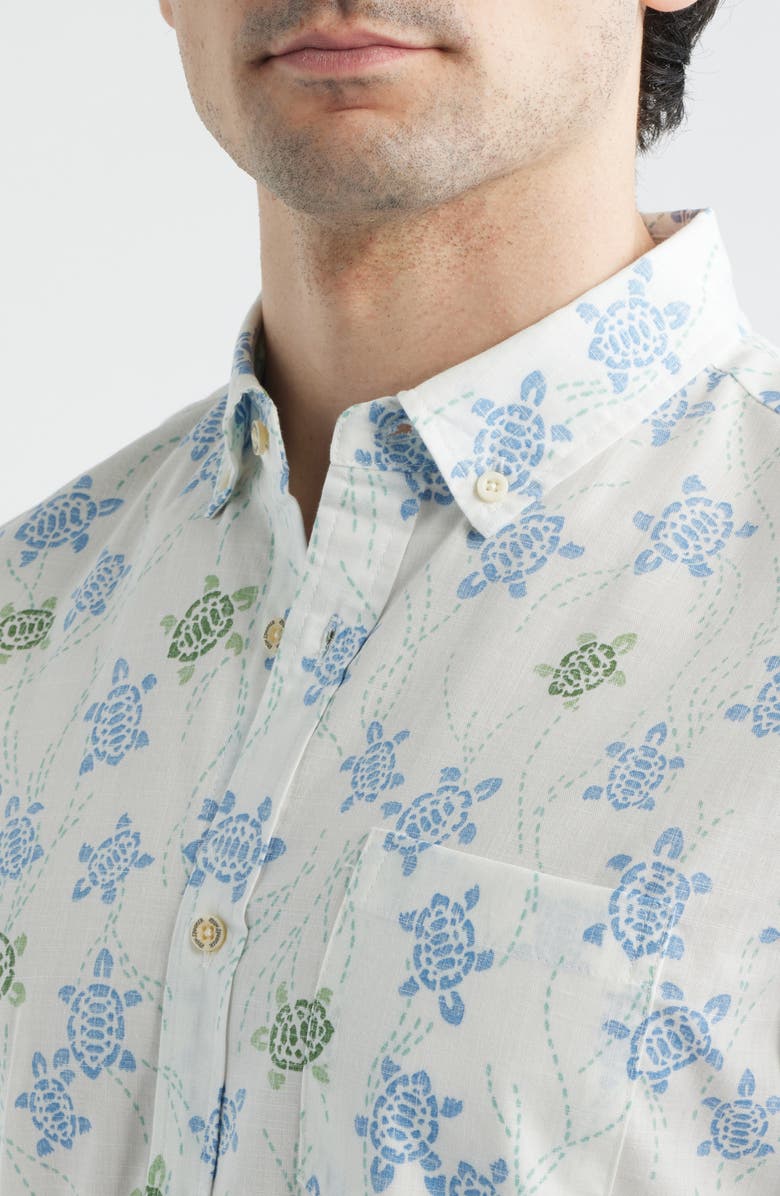 Reyn Spooner Honu Holoholo Turtle Print Short Sleeve Cotton Blend Button-Down Shirt, Alternate, color, White