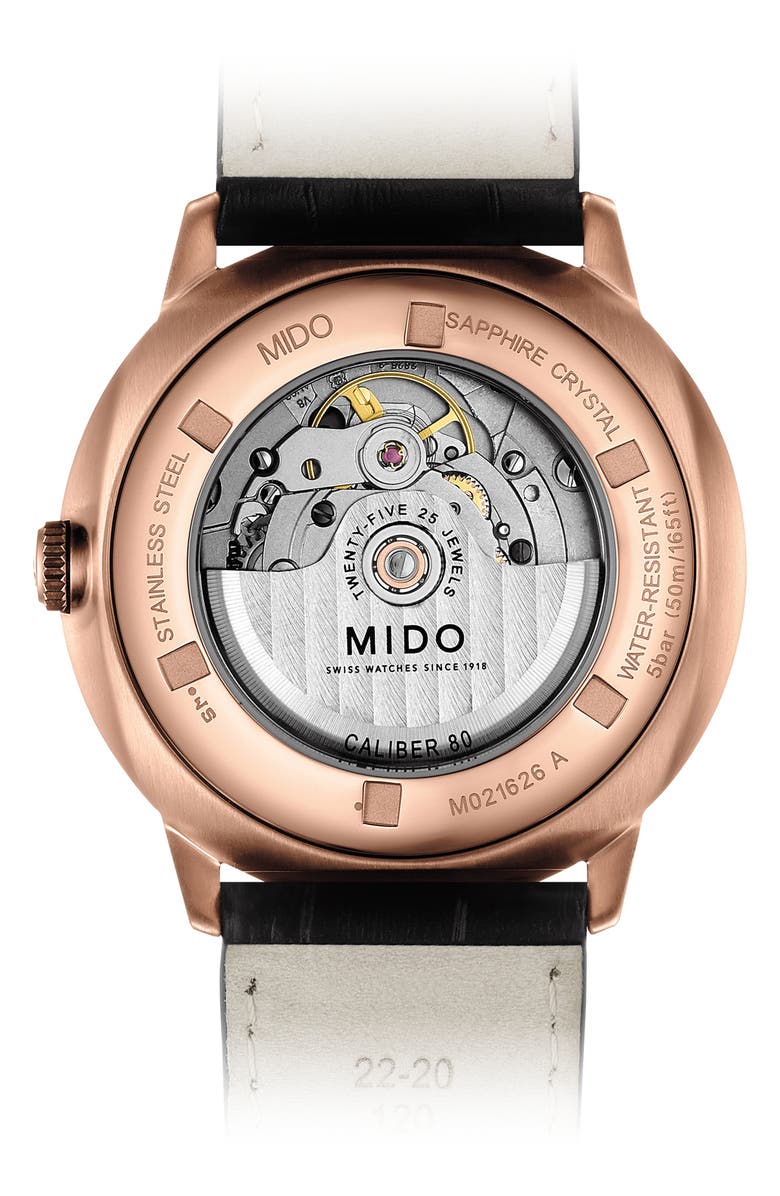 MIDO Commander II Skeleton Leather Strap Watch, Alternate, color, Black/ Rose Gold