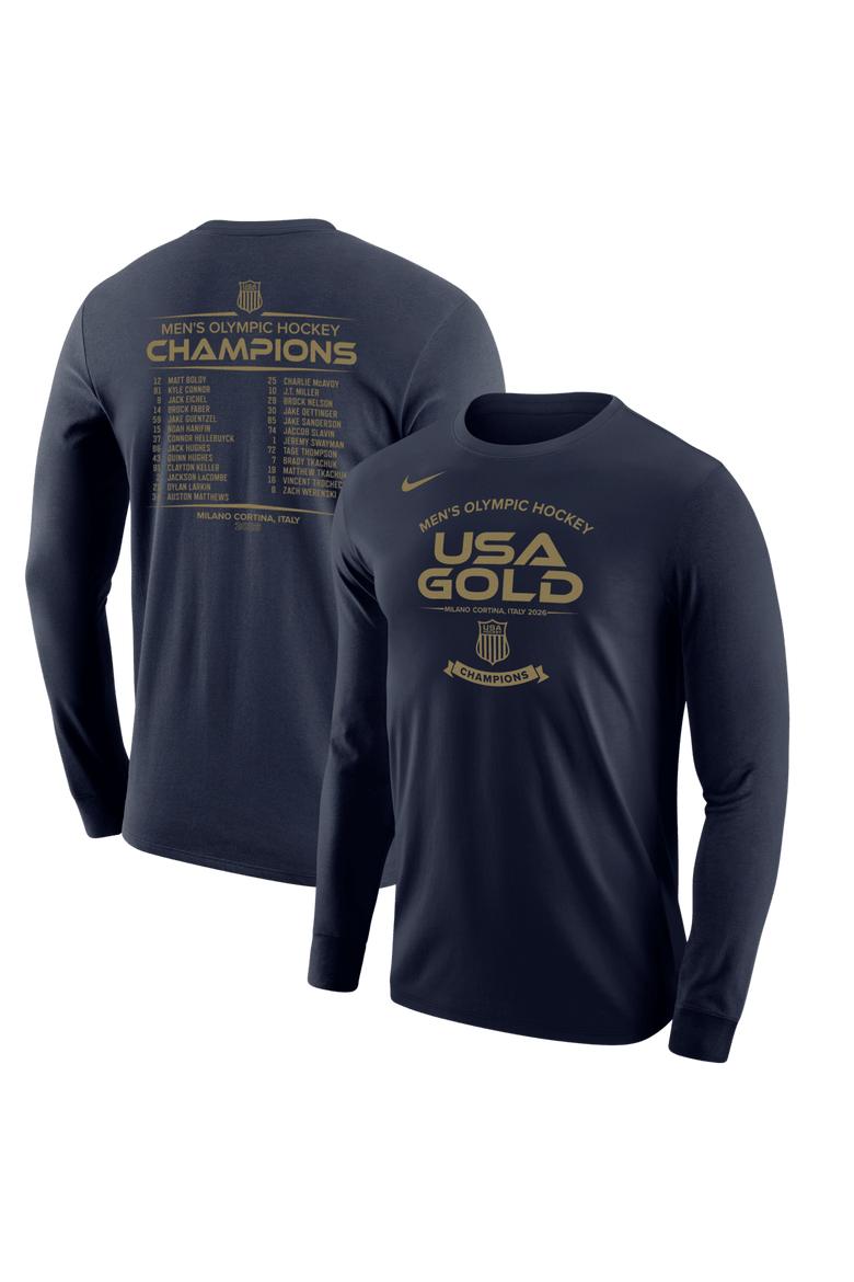 Men's Nike Navy Men's USA Hockey 2026 Winter Olympics Gold Medal Roster Long Sleeve T-Shirt, Main, color, Navy