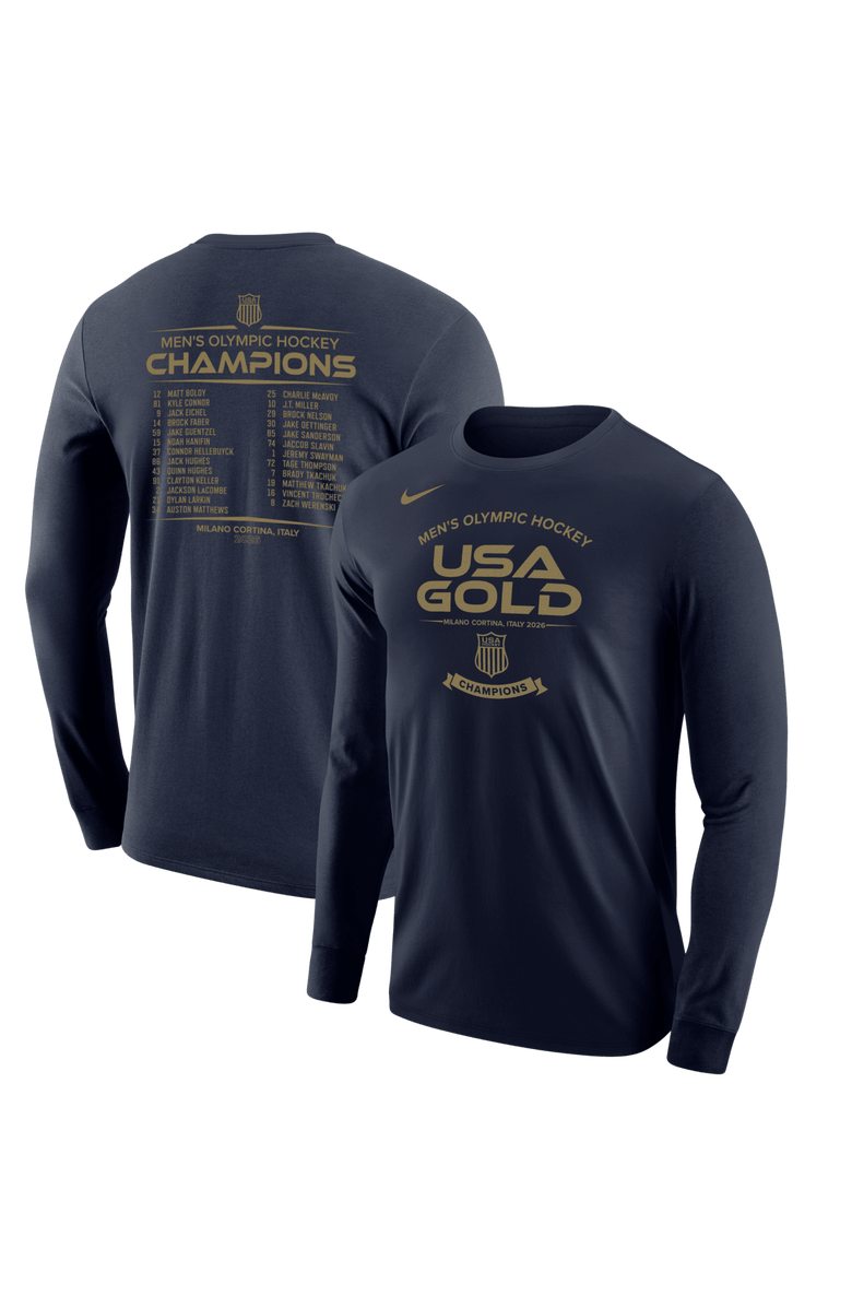 Nike Men's Nike Navy Men's USA Hockey 2026 Winter Olympics Gold Medal Roster Long Sleeve T-Shirt, Main, color, Navy