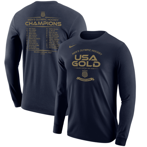Men's Nike Navy Men's USA Hockey 2026 Winter Olympics Gold Medal Roster Long Sleeve T-Shirt
