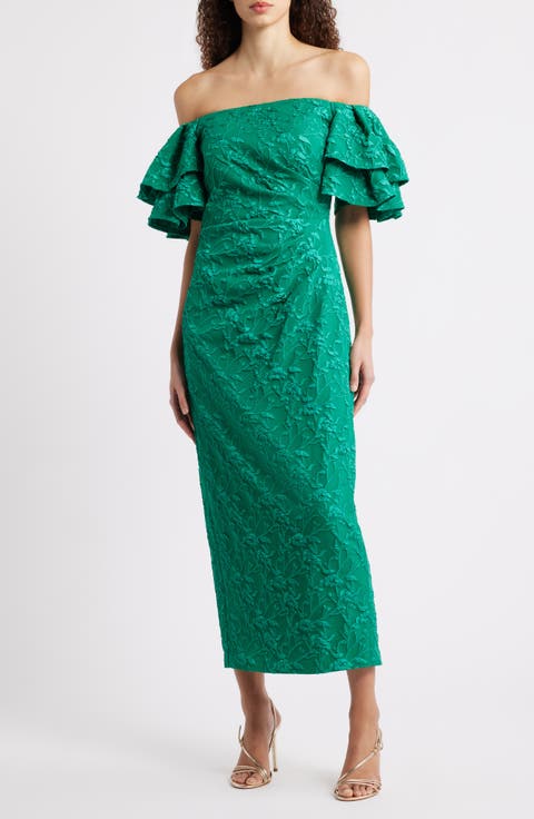 Floral Embroidery Off the Shoulder Gown