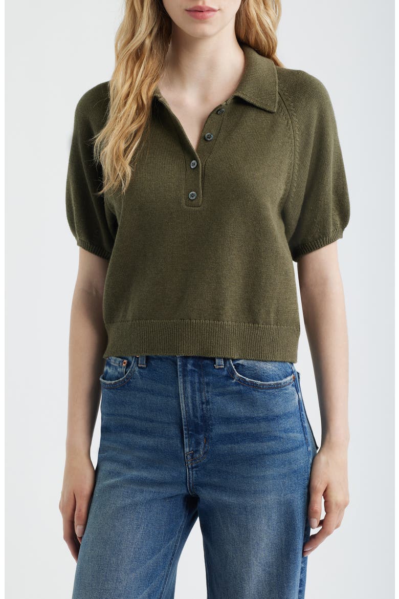 Birch Puff Sleeve Organic Cotton Blend Polo Sweater, Main, color, MIXED HERB
