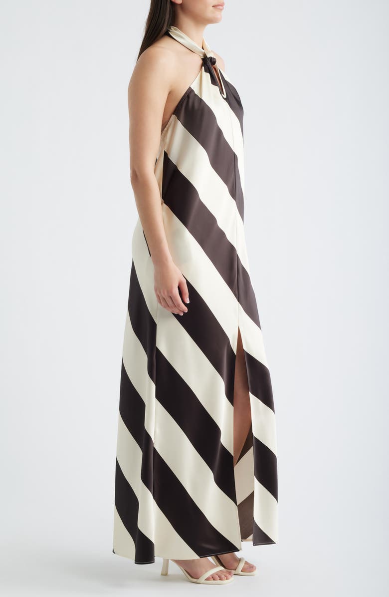 Torn by Ronny Kobo Vega Stripe Satin Halter Dress, Alternate, color, Brown / Ivory