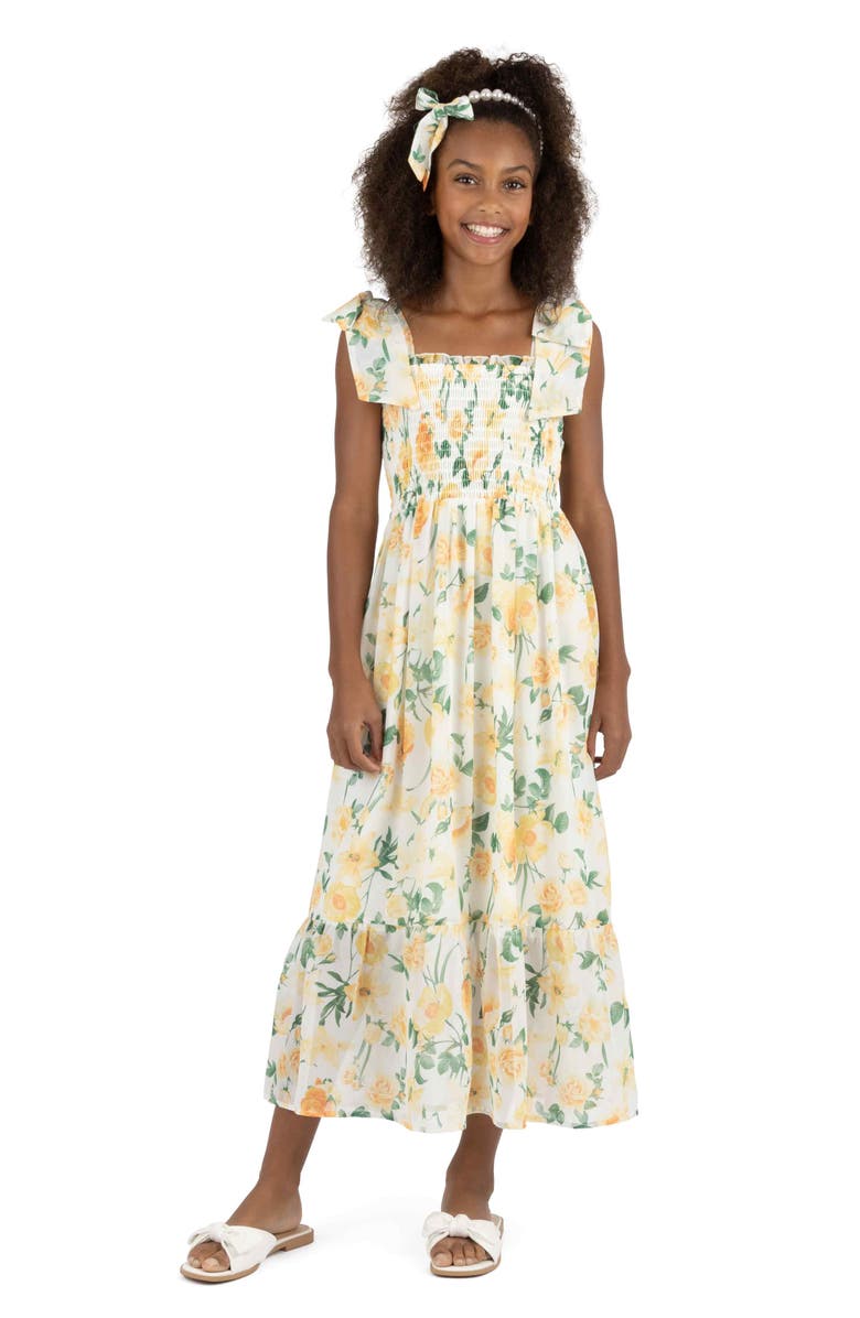 Speechless Kids' Floral Smocked Maxi Dress & Bow Headband Set, Alternate, color, Ivory/Yellow