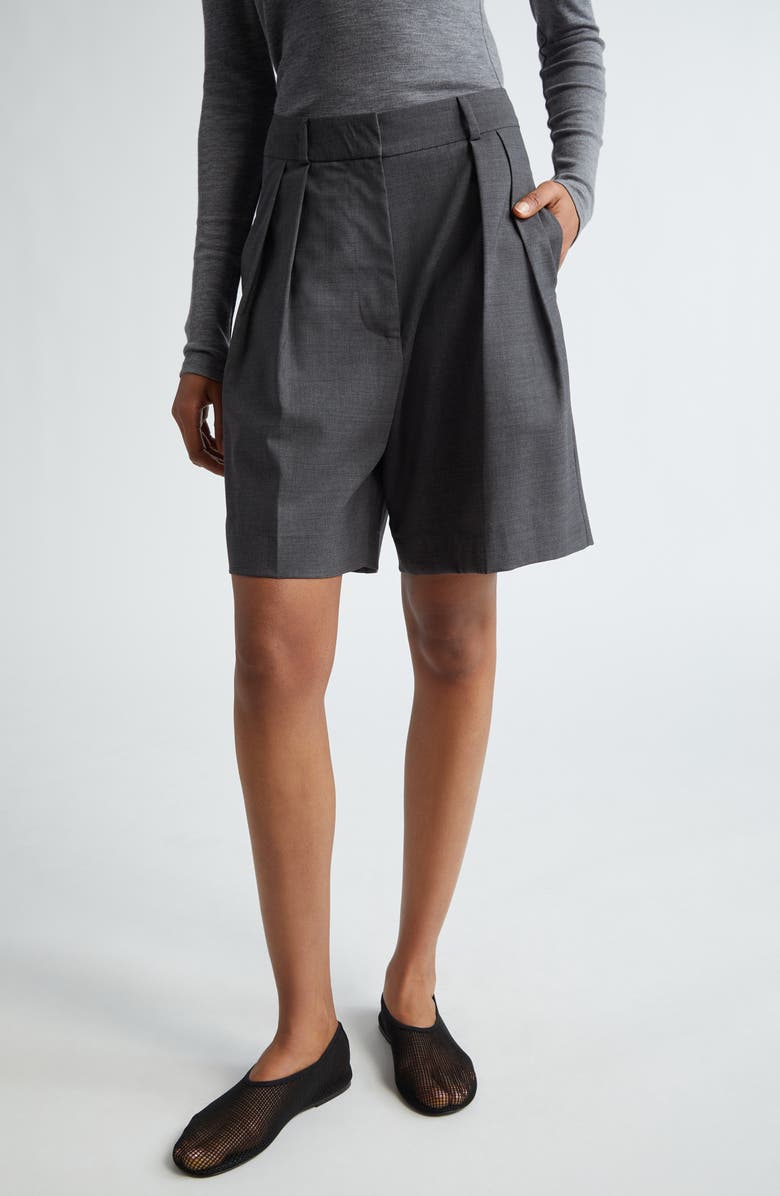 Róhe Tailored Virgin Wool Wide Leg Shorts, Main, color, Dark Grey Melange