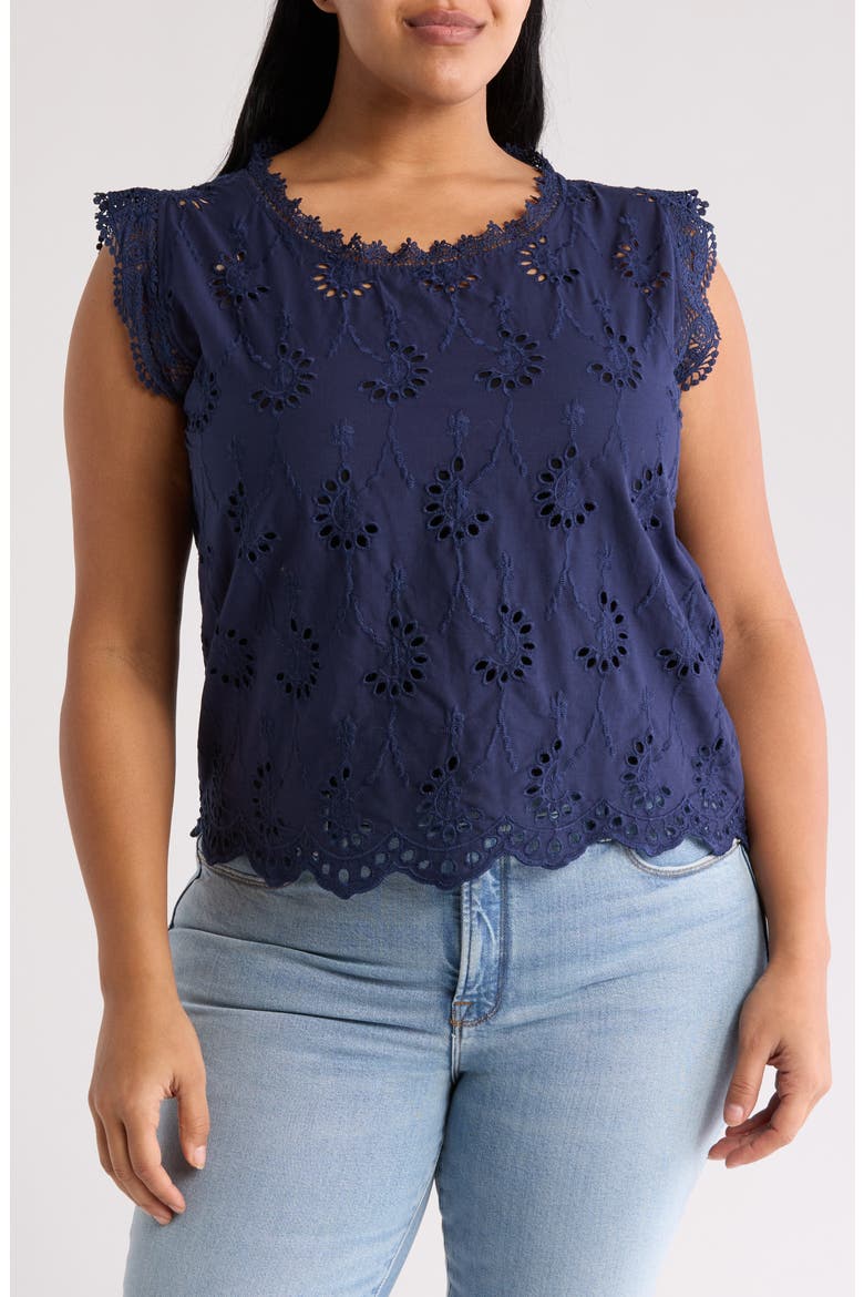 Lace Trim Embroidered Eyelet Blouse, Main, color, NAVY