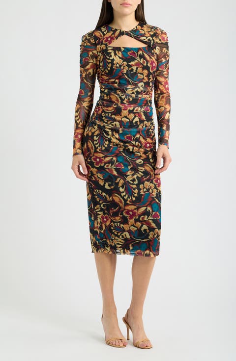 Floral Print Long Sleeve Mesh Midi Dress