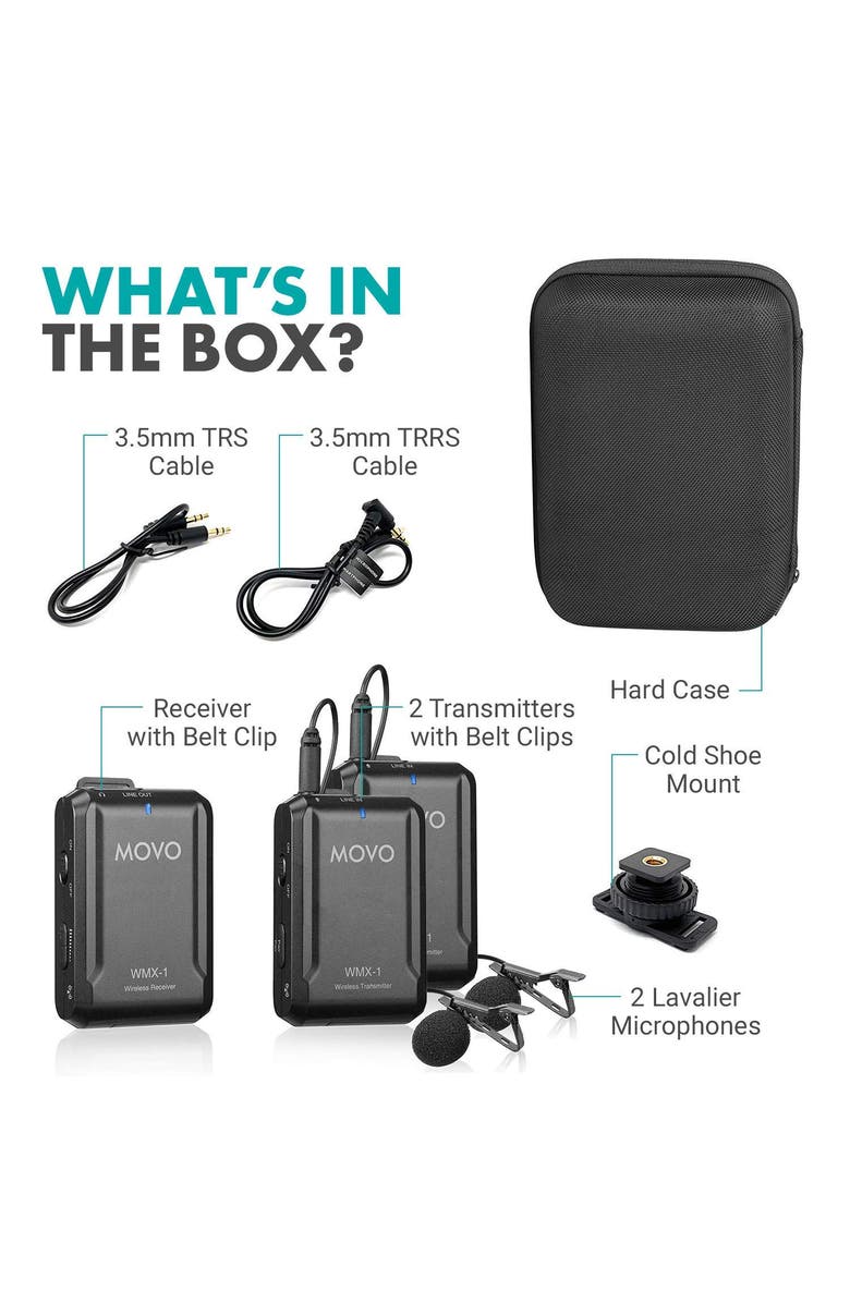 MOVO WMX-1-DUO 2.4GHz Dual Wireless Lavalier Microphone System Compatible with Cameras and Smartphones, Alternate, color, Black
