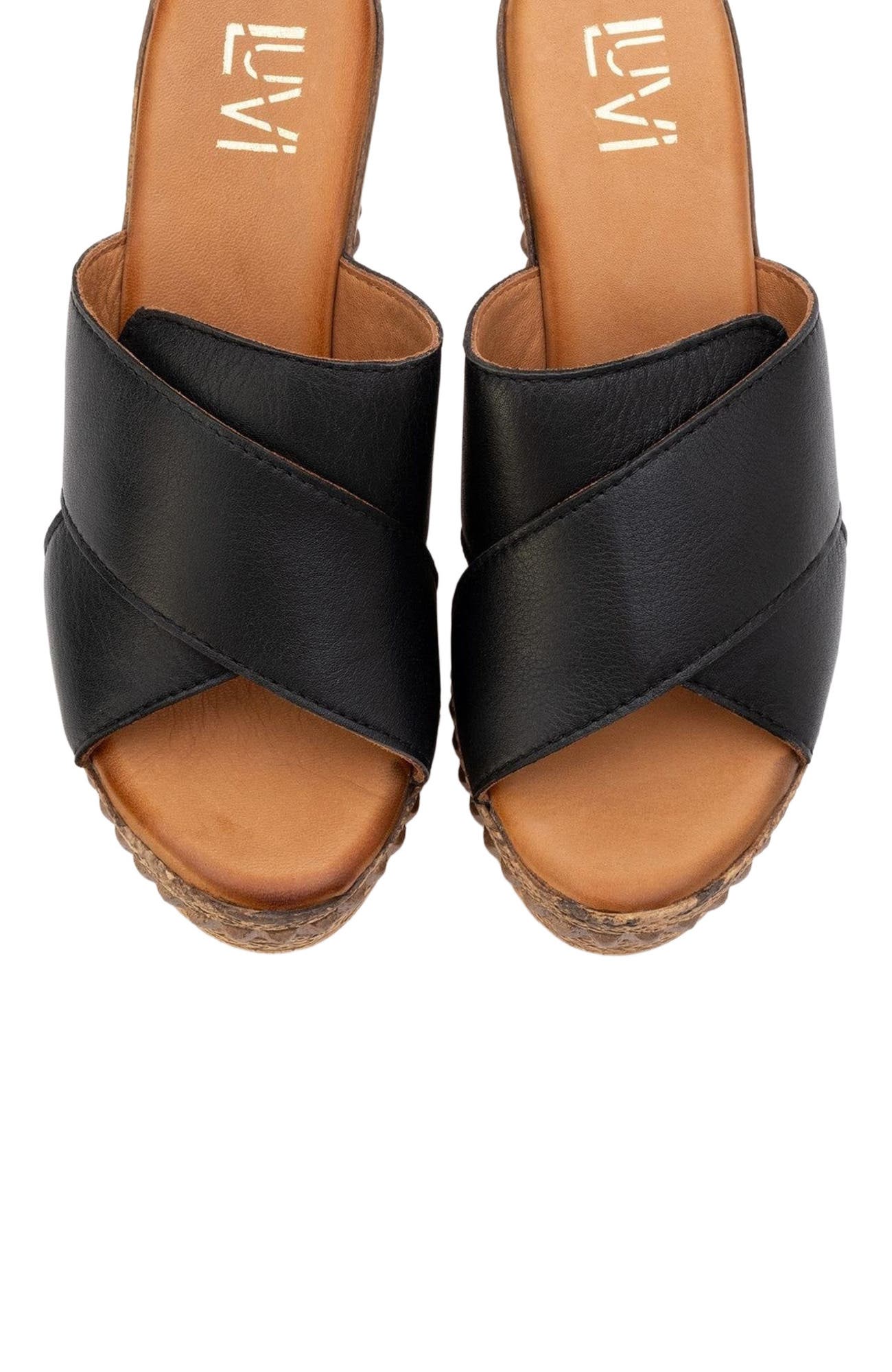 Forever & Always Shoes Lois Wedge Leather Sandal, Alternate, color, Black Leather