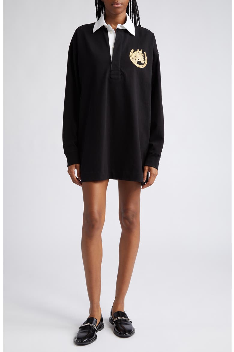 Oversize Metallic Embroidered Detail Cotton Rugby Shirt, Main, color, 1000 BLACK