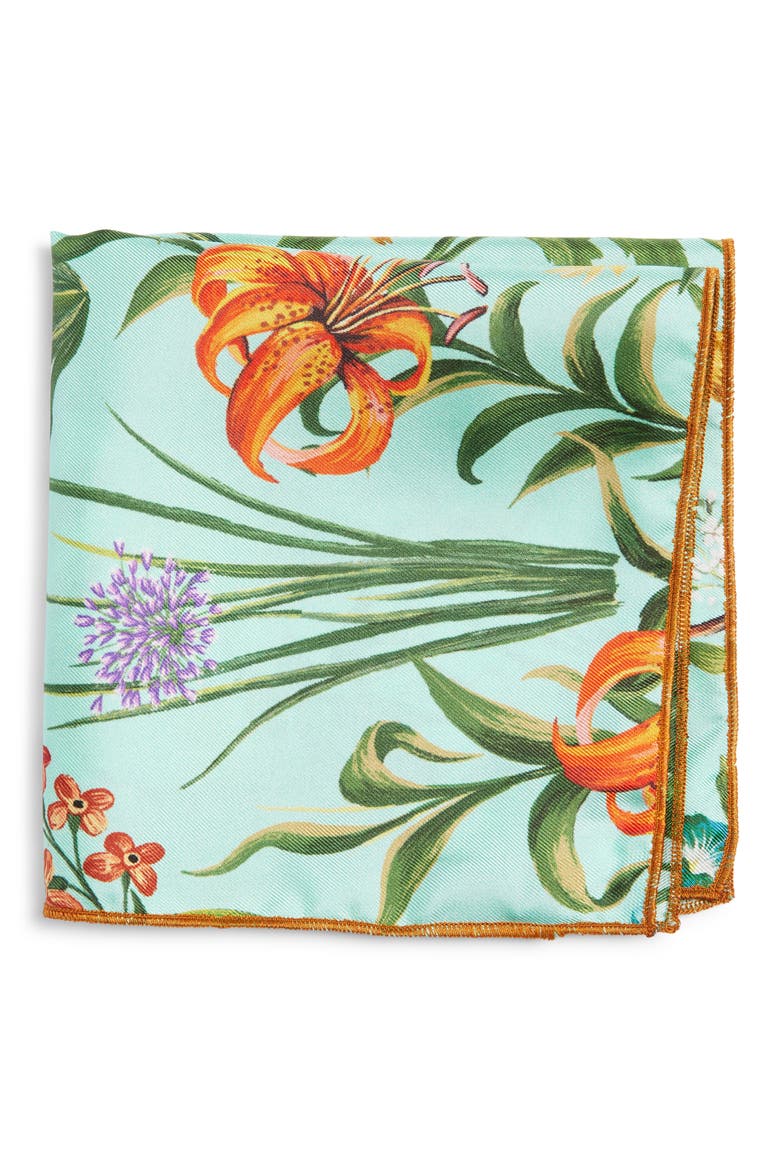 Teal & Olive Floral Silk Pocket Square, Main, color, TEAL