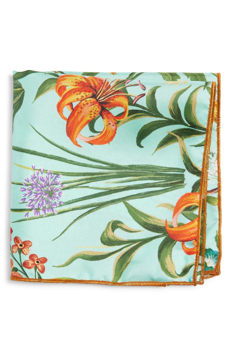 CLIFTON WILSON Teal & Olive Floral Silk Pocket Square, Main, color, Teal