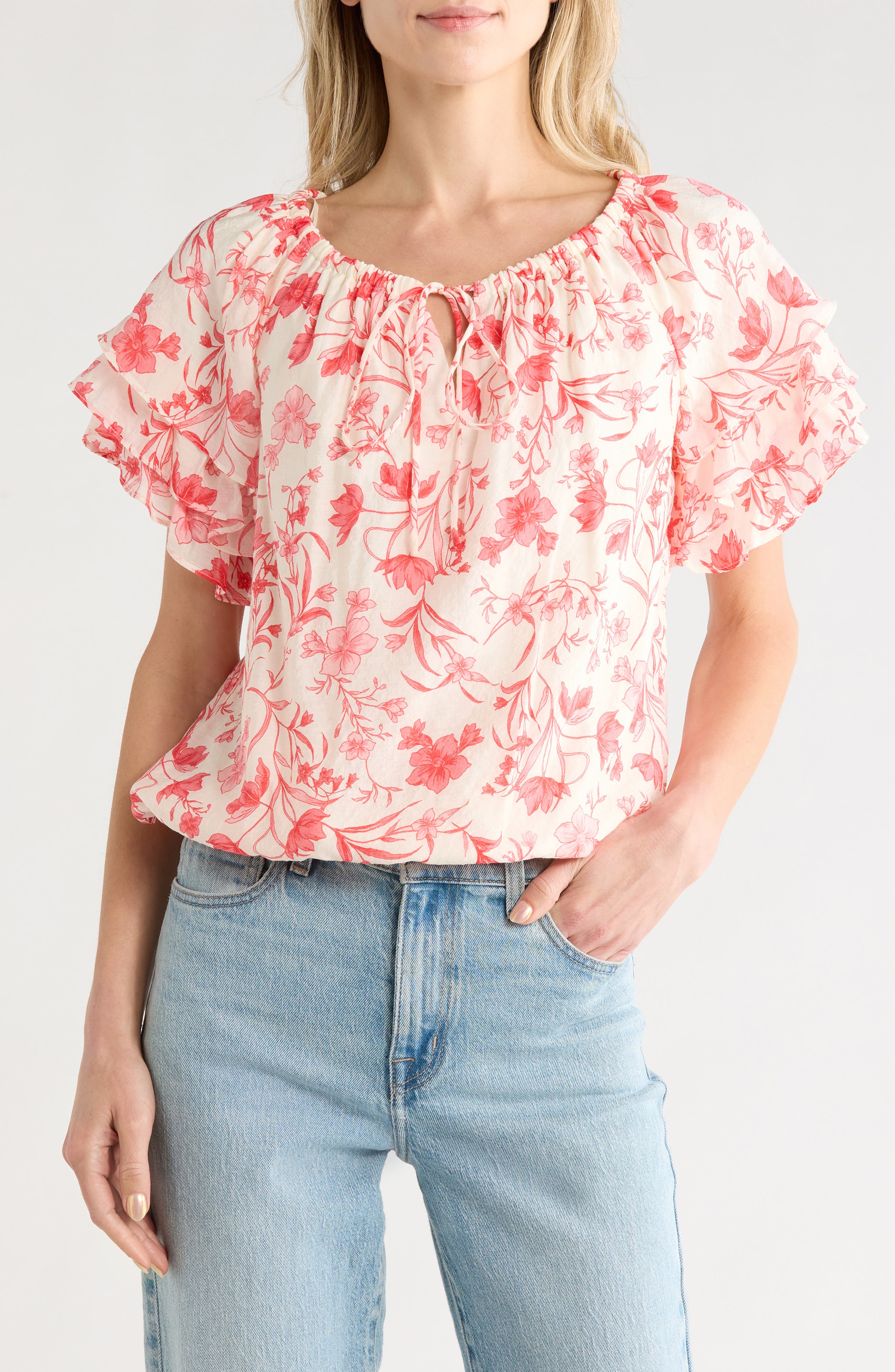 CeCe Floral Tie Keyhole Short Sleeve Top