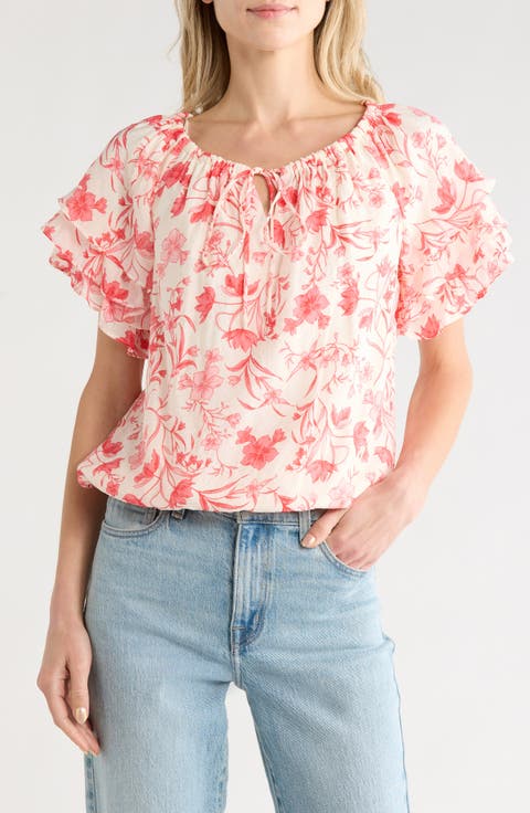Floral Tie Keyhole Short Sleeve Top