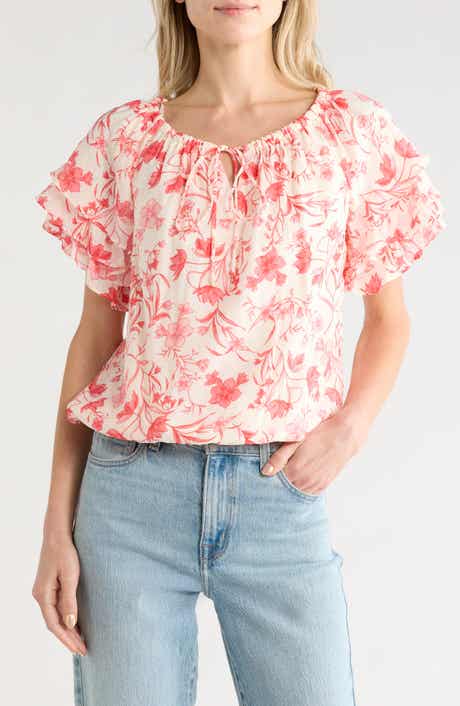 CeCe Floral Tie Keyhole Short Sleeve Top