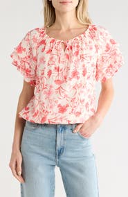 CeCe Floral Tie Keyhole Short Sleeve Top