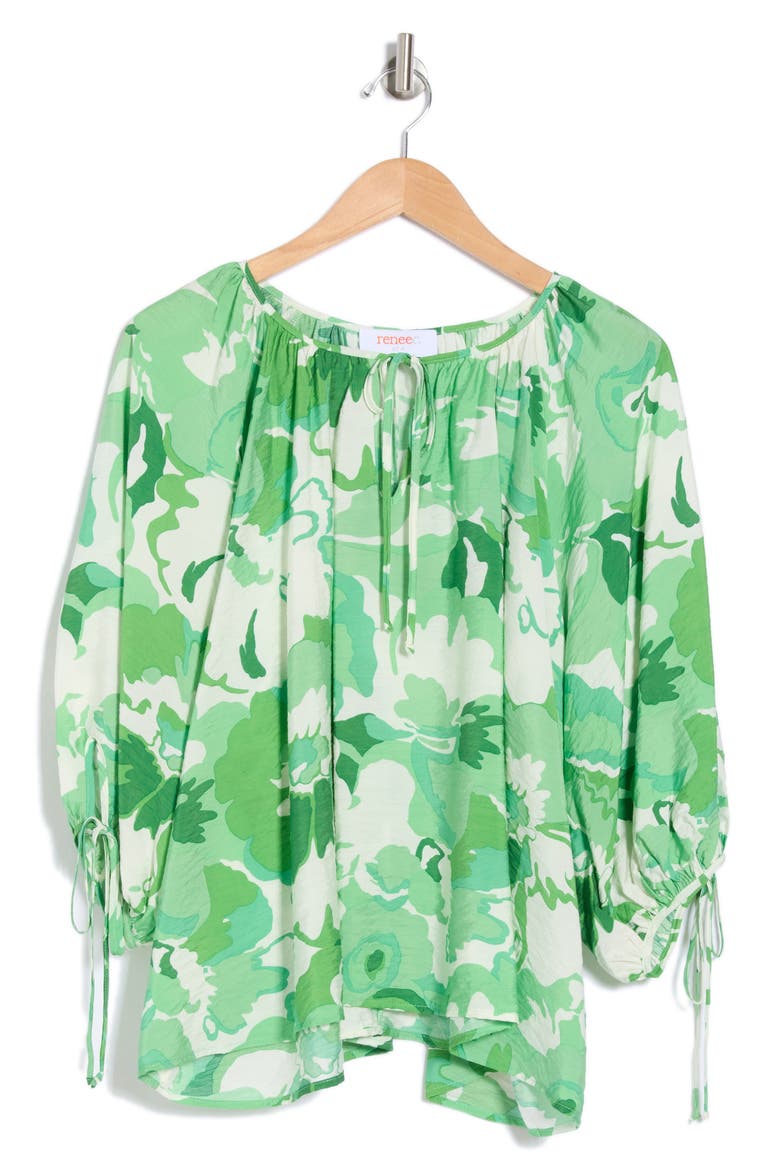 Floral Tie Keyhole Balloon Sleeve Top, Alternate, color, GREEN