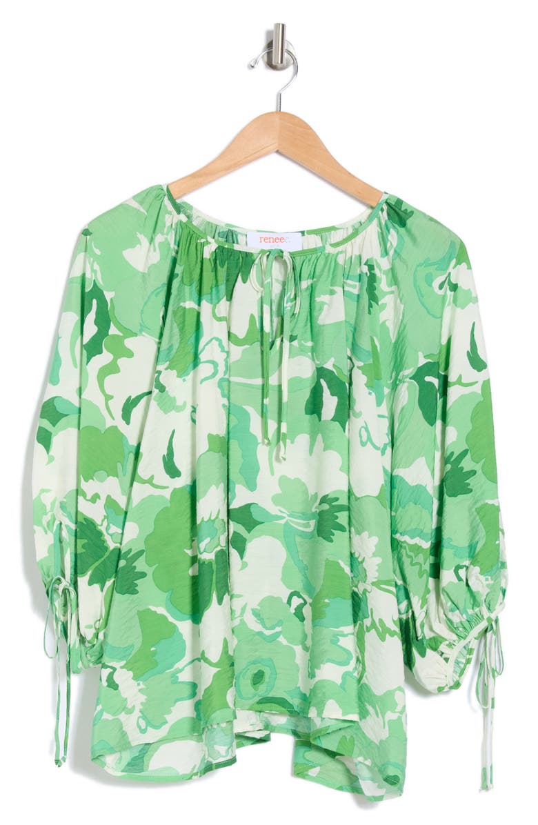 Renee C Floral Tie Keyhole Balloon Sleeve Top, Alternate, color, Green