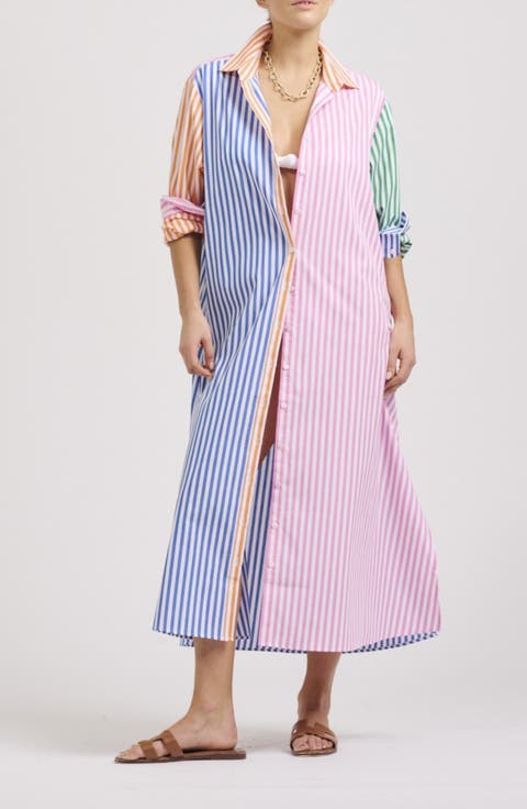 Mixed Stripe Long Sleeve Shirtdress