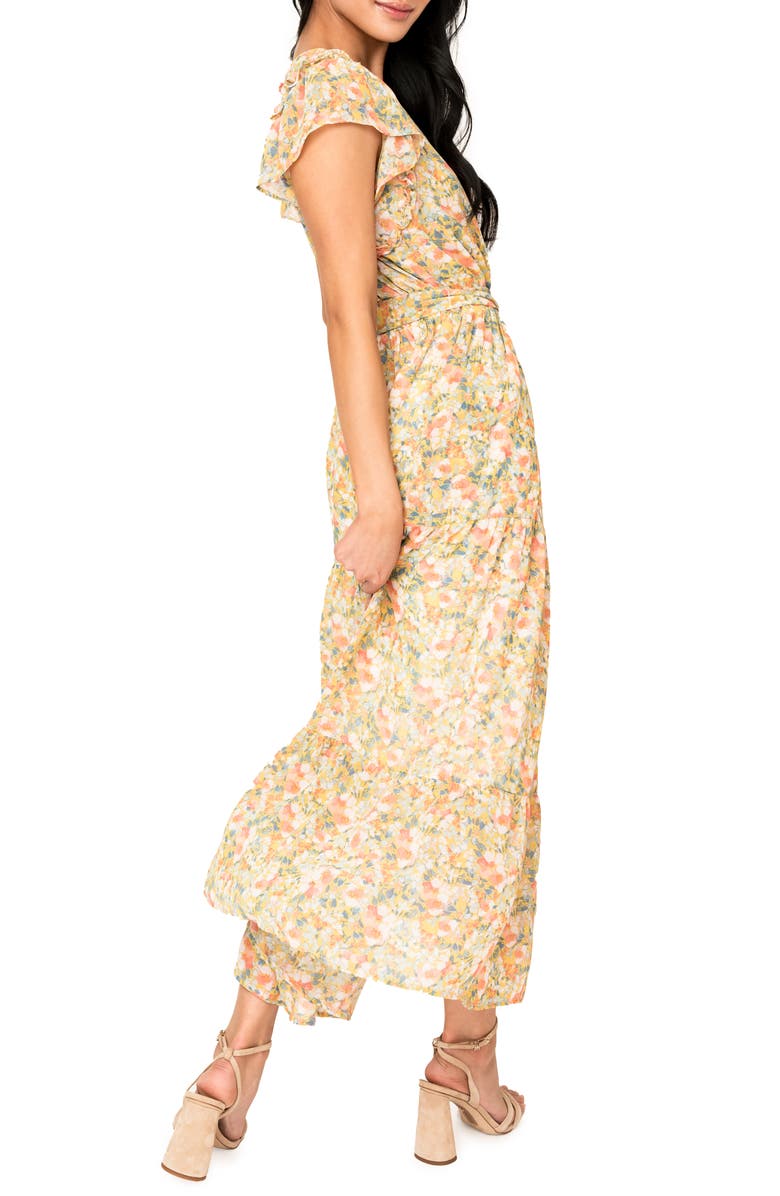 GIBSONLOOK Floral Flutter Sleeve Midi Dress, Alternate, color, Yellow Multi Floral