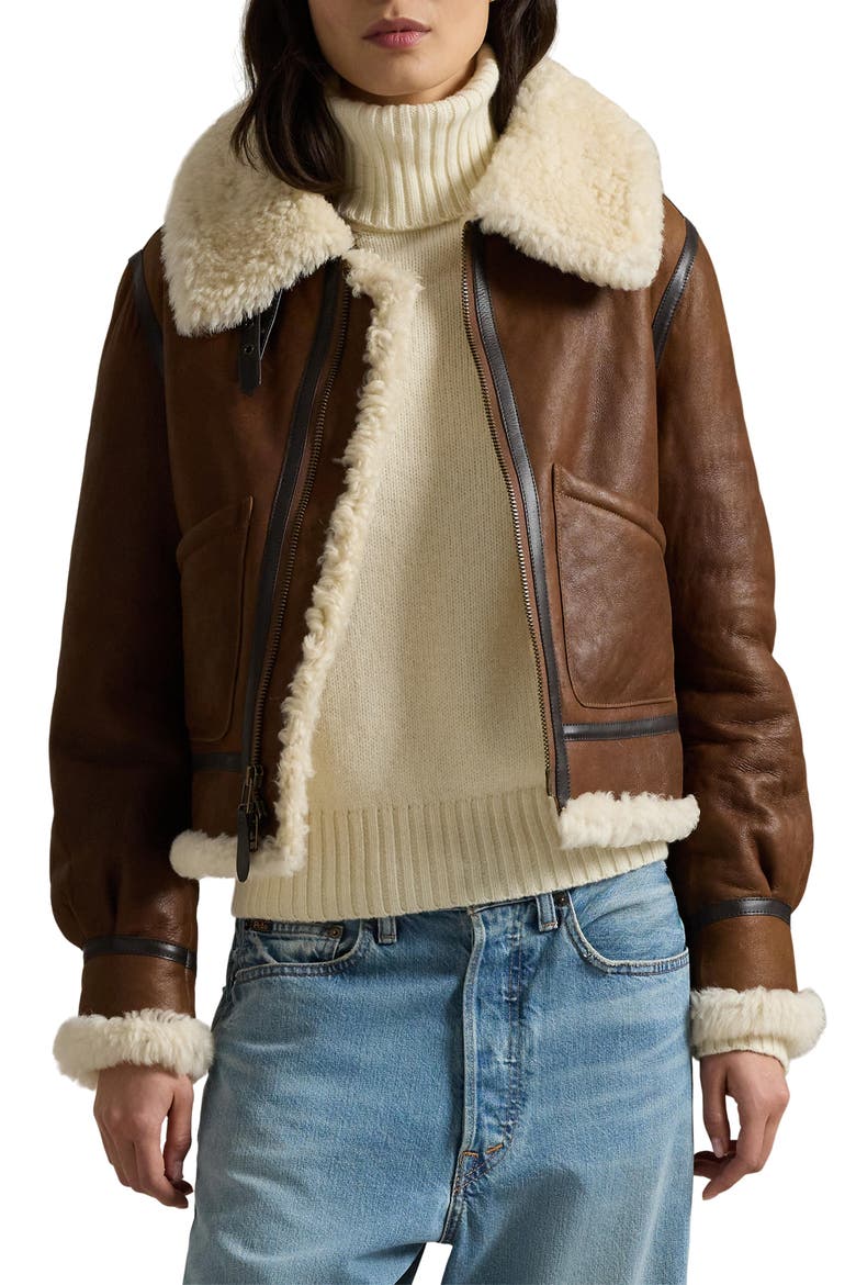Genuine Shearling Trim Leather Aviator Jacket, Main, color, BROWN/ CREAM