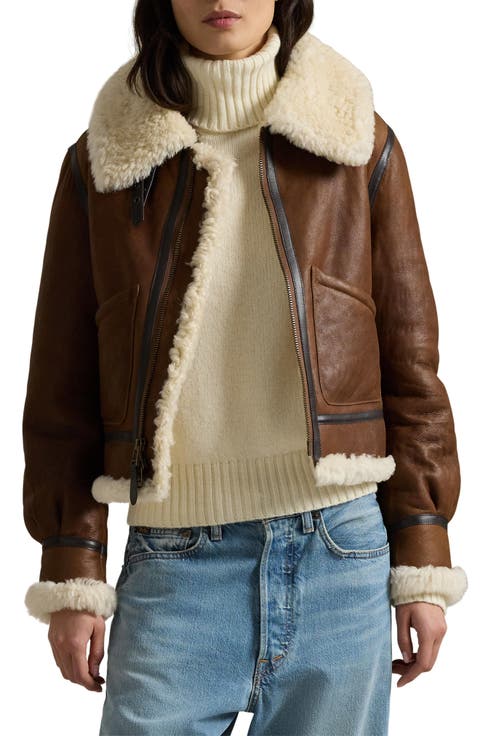 Genuine Shearling Trim Leather Aviator Jacket