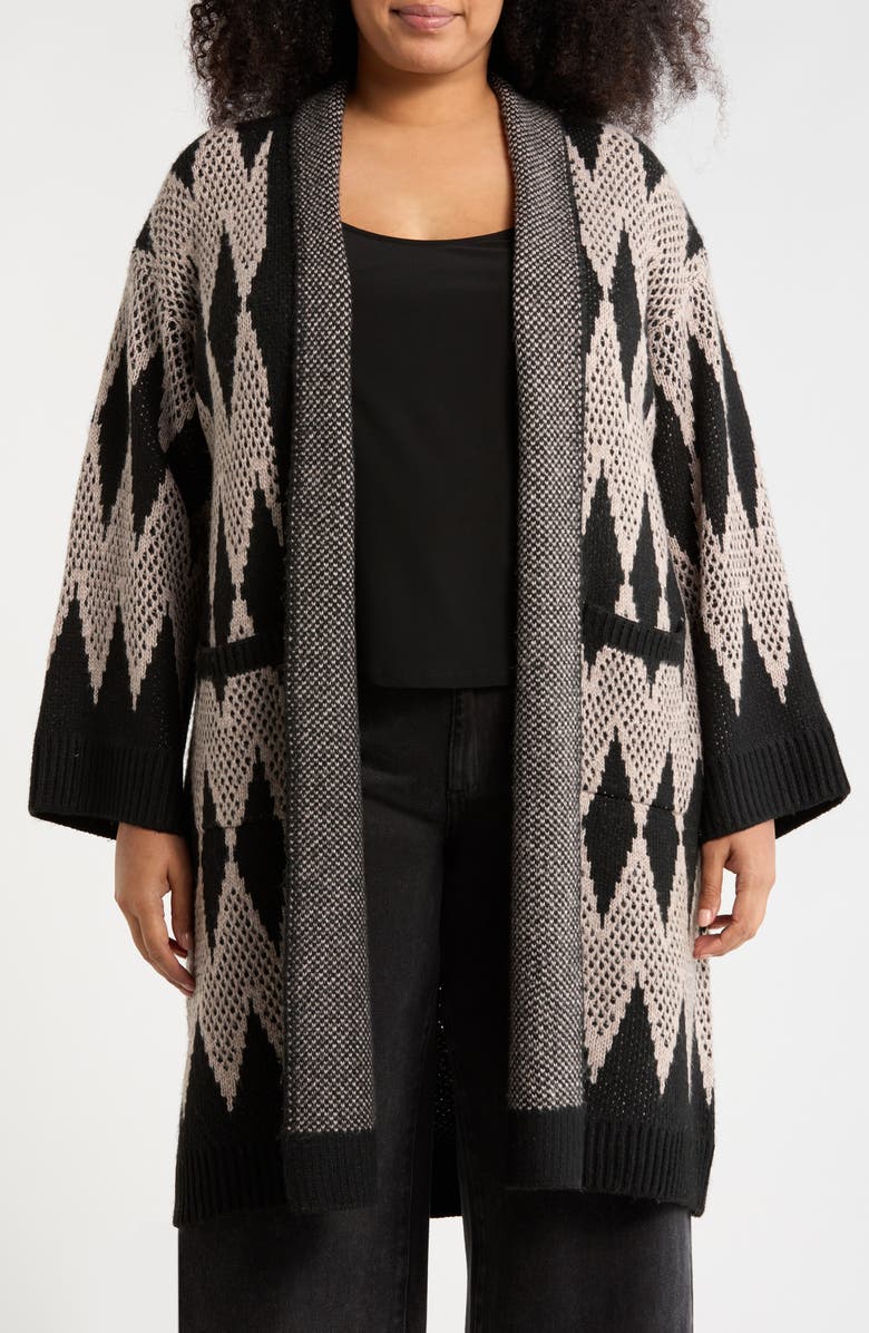 T Tahari Print Longline Duster, Main, color, Black/ Taupe Heather