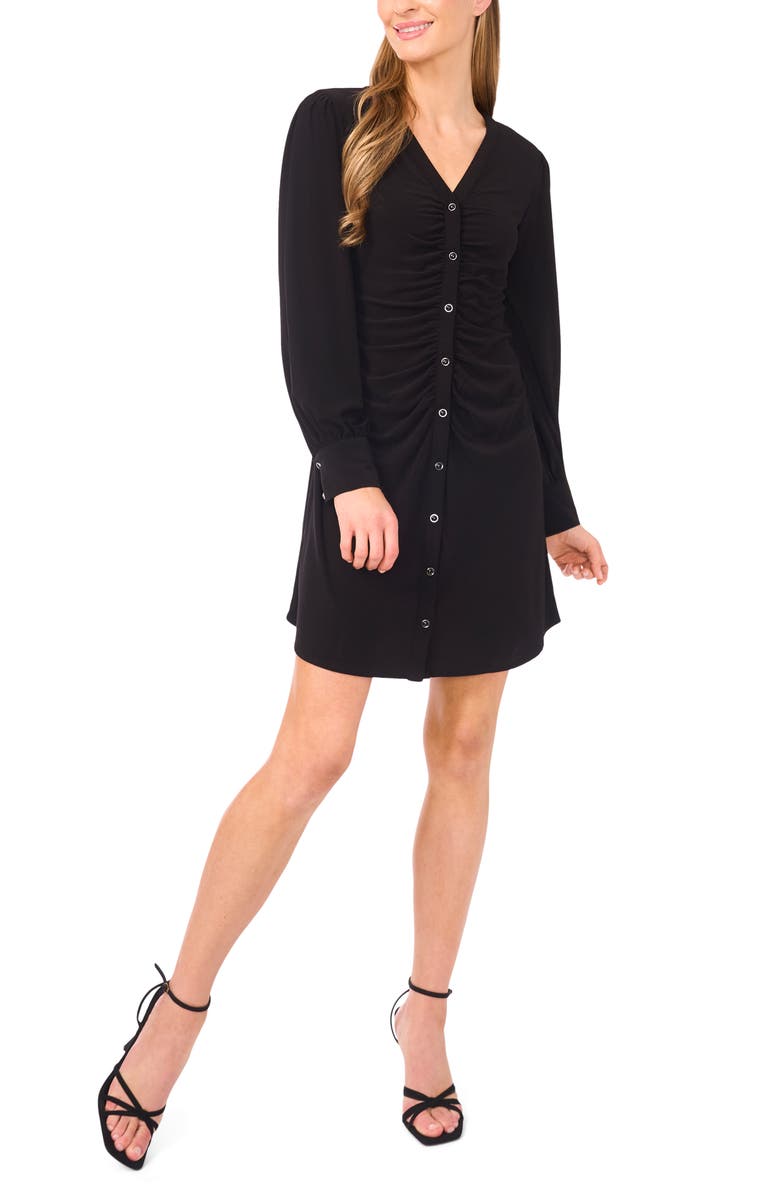 CeCe Shirred Front Button Long Sleeve Dress, Main, color, Rich Black